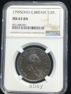 1799 Soho Grande-bretagne 1/2 Penny Ngc Ms 63 Copper Coin King George III Km #647