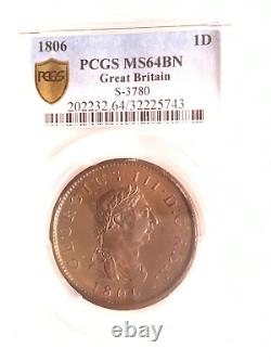 1806 George III Grande-Bretagne Un Penny 1D PCGS MS 64 BN