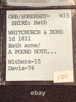 1811 Grande-Bretagne bain penny en cuivre Whitchurch & Dore. Un billet de livre sterling de Ch High Gr.