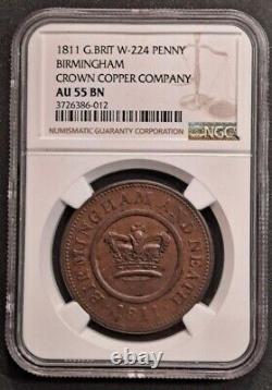 1811 Grande Britaine 1 Penny Birmingham Crown Copper Co. W-224-ngc Au 55 Bn! -d8779