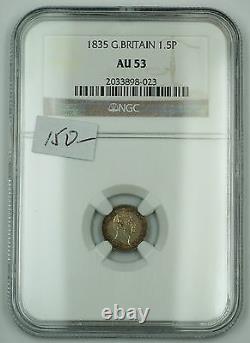 1835 Grande-bretagne Un Penny Et Demi 1.5p Silver Coin Ngc Au-53 Akr