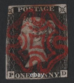 1840 GB Penny Black Pd Stupéfiant Red MX Maltese Cross Worlds Premier Timbre-poste