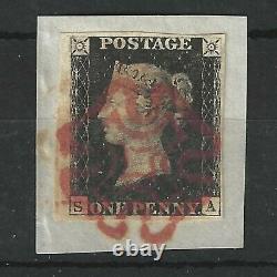 1840 GB Qv Queen Victoria 1d Penny Black Stamp Plate 5'sa' Utilisé 4 Margins