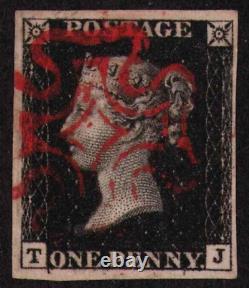 1840 Grande-Bretagne GB 1 Penny Noir Utilisé, Timbre Croix de Malte Rouge, 4 Marges