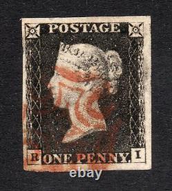 1840 Penny Black Sg 2 Plate 4 (r I) 1d Noir Avec Croix De Maltase Rouge Pmk