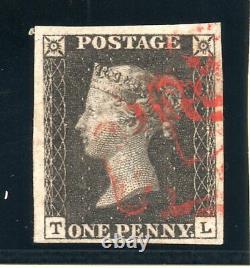 1840 Penny Noir Sg 2 Plaque 6 (t L) 1d Noir Rouge Clair M X & 4 Grandes Marges