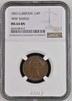 1853 Grande-Bretagne 1/4p Farthing RAISED WW NGC MS 64 BN PQ AVEC DES DROITS SUR RB