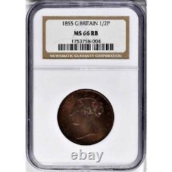 1855 Grande-Bretagne 1/2 Penny, NGC MS 66 RB, Aucun meilleur @ NGC & PCGS, Rouge Brun