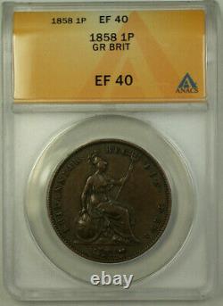 1858 Grande-bretagne 1 Penny Coin Reine Victoria Anacs Ef 40