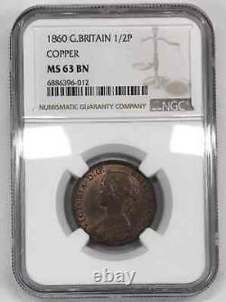 1860 Grande-Bretagne CUIVRE 1/2 Penny NGC MS-63 BN