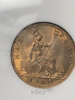 1860 Grande-bretagne 1 / Penny Copper Coin 2p Ngc Mme 66 Red Brown 1 Rb Dans Pop