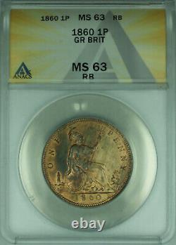 1860 Grande-bretagne One Penny 1p Coin Bu Unc Anacs Ms-63 Rb (better Coin) (wb1)