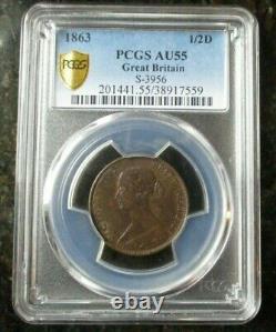 1863 Grande-Bretagne Demi-Penny 1/2D PCGS AU55 (S-3956) - LIVRAISON GRATUITE