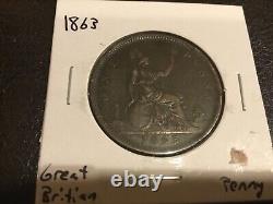 1863 Grande-Bretagne Un Penny 1 Pence 1P Pièce EXCELLENT DÉTAIL & PATINE A++ # 621