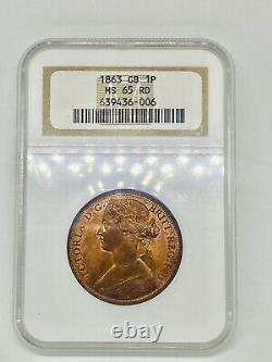 1863 Grande-bretagne Victoria 1p Penny Coin Ms 65 Rd Red Rare! 3 En Pop