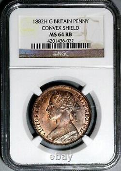 1882-H NGC MS 64 RB Penny Victoria Grande-Bretagne Pièce de monnaie à bouclier convexe (21021504C)