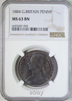 1884 Grande-Bretagne Victoria Une pièce de un penny NGC classée MS63 non circulée tonifiée