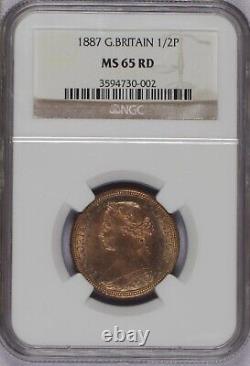 1887 Grande-Bretagne 1/2 Penny NGC MS65 Rouge. Livraison gratuite