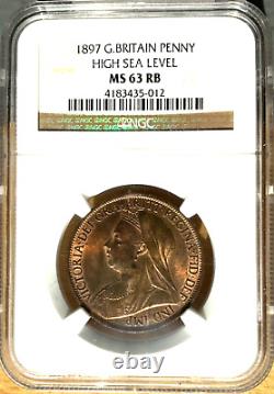1897 Grande-Bretagne 1 Penny, NGC MS 63 RB, Rouge Brun, Variété de Haut Niveau de la Mer