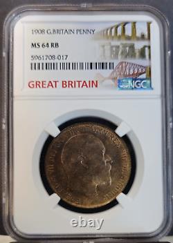 1908 Grande-Bretagne 1 Penny Roi Edward VII Ngc Ms 64 Rb Belle pièce