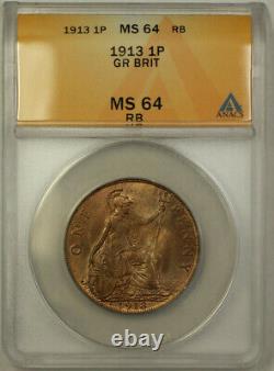 1913 Grande-Bretagne 1 Penny Pièce Roi George V ANACS MS 64 Rouge Brun