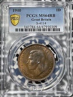 1940 Grande-Bretagne 1 Penny PCGS MS64RB Lot#G5244 Belle patine ! Date meilleure