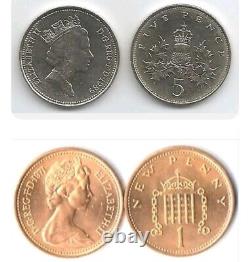 60 Reine Elizabeth II Pièce Lot. Unc (30) Grande-bretagne 5 Pence (30) 1 Penny
