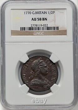 Angleterre George III 1770 moitié de penny en cuivre, choix AU, certifié NGC AU58