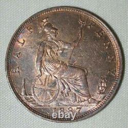 Belle pièce de bronze de 1887, Grande-Bretagne, demi-penny de la Reine Victoria, tonalité agréable, AU++