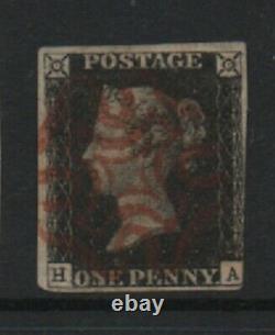 GB 1840 Penny Noir Sg2 Ha, 3 Marges Croix Maltaise Rouge Annuler Timbre Fin