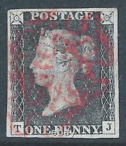 GB 1840 Sg2 Penny Black Plate 8, Tj, 4 Marges, Croix Rouge De Malte Usagée