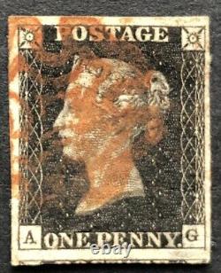 GB Qv 1840 Penny Black Ag Plate 8 Quatre Marges Avec Une Croix De Malte Rouge