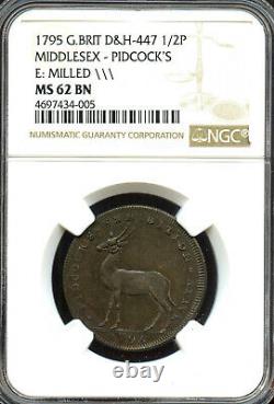 Grande Bretagne 1795 1/2 Penny Middlesex Pidcock Autruche/antilope Ngc Ms-62