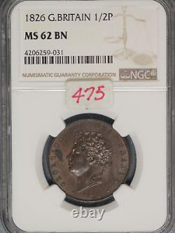 Grande-Bretagne 1826 1/2 Penny K-692 NGC MS62 BN