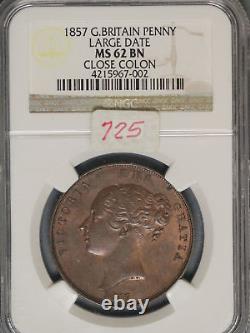 Grande-Bretagne 1857 Penny K-739 NGC MS62 BN FERMÉ COLON