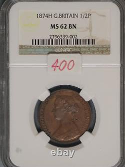 Grande-Bretagne 1874H 1/2 Penny K-754 NGC MS62 BN