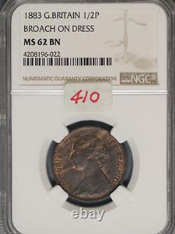 Grande-Bretagne 1883 1/2 Penny K-754 NGC MS62 BN BROCHE