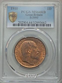 Grande-Bretagne Édouard VII 1910 1 Penny Choix non circulé Certifié Pcgs Ms64rb