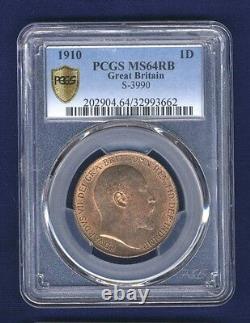 Grande-Bretagne Édouard VII 1910 1 Penny Choix non circulé Certifié Pcgs Ms64rb