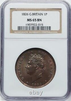 Grande-Bretagne George IV 1826 Pièce de 1 penny non circulée, certifiée Ngc Ms65-bn