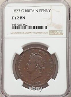 Grande-Bretagne George IV 1827 1 Penny Coin, Rare, Certifié Ngc F12-bn