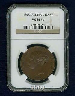 Grande-Bretagne Victoria 1858/3 Pièce de 1 Penny, Non circulée, Certifiée Ngc Ms64-bn
