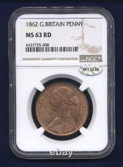 Grande-Bretagne Victoria 1862 Penny, Non circulé, Certifié Pcgs Ms63-rd
