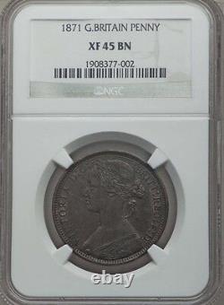 Grande-Bretagne Victoria 1871 Pièce de 1 Penny, Date Rare, Certifié Ngc Xf45-bn