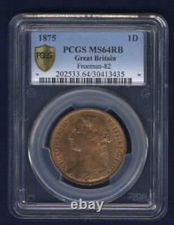 Grande-Bretagne Victoria 1875 Penny, non circulé, Certifié Pcgs Ms64-rb