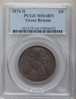 Grande-Bretagne Victoria 1876-h Penny Coin, Non circulée, Certifiée Pcgs Ms64-bn