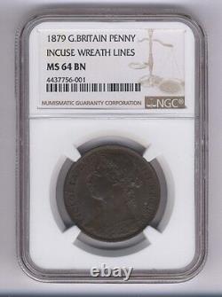 Grande-Bretagne Victoria 1879 Pièce de 1 Penny, non circulée, certifiée Ngc Ms 64-bn