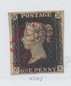Grande-bretagne Stamp Scott # 1, Utilisées, Penny Black, 2,5 Grandes Marges, Rouge Maltaise