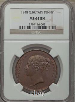 Grande-bretagne Victoria 1848 1 Penny Coin, Non Circulé, Certifié Ngc Ms64-bn