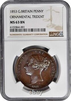 Grande-bretagne Victoria 1853 1 Penny Coin, Non Circulé, Certifié Ngc Mme 63-bn